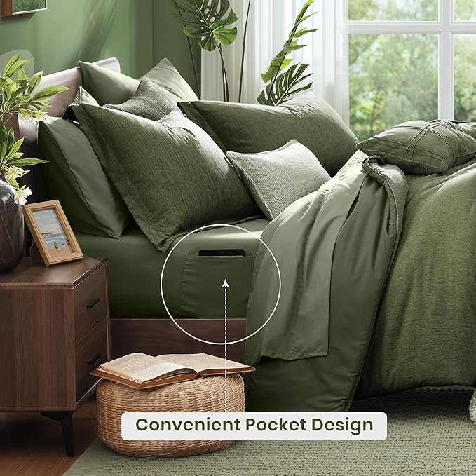 Monbix Oversized Queen Comforter Set - 7 Pieces Cationic Dyeing Olive Green Bed in a Bag Bedding Sets with Comforter, Sheets, Pillowcases & Shams, Reversible Bedding Comforters Sets