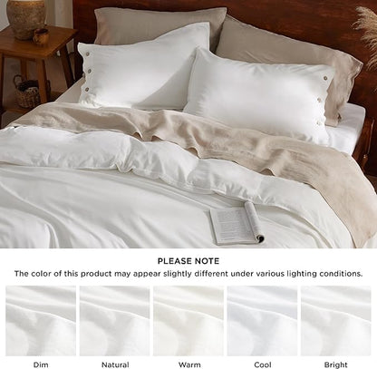 Bedsure Linen Duvet Cover Queen Size - Linen Cotton Blend Bedding Set, Soft & Cozy, 3 Pieces, 1 Duvet Cover 90x90 Inches and 2 Pillowcases, White Color Cooling Bedding, Comforter Sold Separately