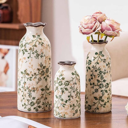 Ceramic Vase Set of 3, Vintage Green and Beige Vases Set, Flower Rustic Chinoiserie Vases Floral Grand Millennial Farmhouse Decor Vase for Home Decor, Living Room, Kitchen, Bedroom, Bookshelf
