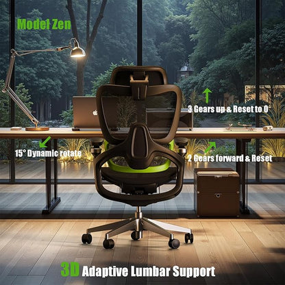 Ergonomic Office Chair, Mesh Home Desk Chair with Adaptive Lumbar Support, Gaming Chair with Headrest, 5D Armrest,90-130°Tilt, BIFMA Certified, Model Zen (Green)
