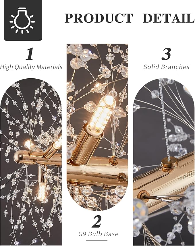 Modern 47.2" Modern Gold Crystal Firework Chandelier, 15-Light Pendant Light Fixture, Rectangle Linear Sputnik Dandelion Chandeliers for Dining Room Kitchen Living Room