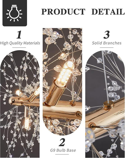 Modern 47.2" Modern Gold Crystal Firework Chandelier, 15-Light Pendant Light Fixture, Rectangle Linear Sputnik Dandelion Chandeliers for Dining Room Kitchen Living Room