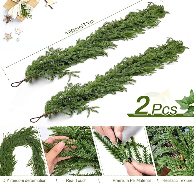 2PCS 6FT Norfolk Pine Garland, Christmas Artificial Faux Greenery Garland Real Touch Holiday Decorations for Holiday Wreaths, Craft DIY and Home Xmas Decorations