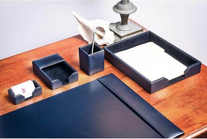 DACASSO Bonded Leather Desk Set - Luxury Leather Desk Pad & Desk Organization Essentials (Navy Blue, 5 Piece)