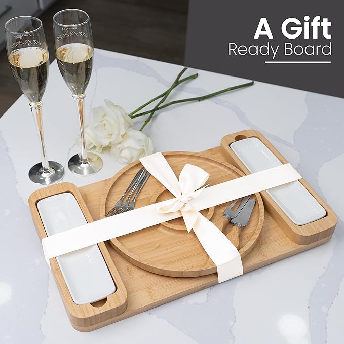 Charcuterie Board Gift Set - Bamboo Cheese Board & Serving Tray for Meat, Cheese, Crackers, and Fruit - Large Wooden Charcuterie Boards for Parties - Wedding, Housewarming, for Women