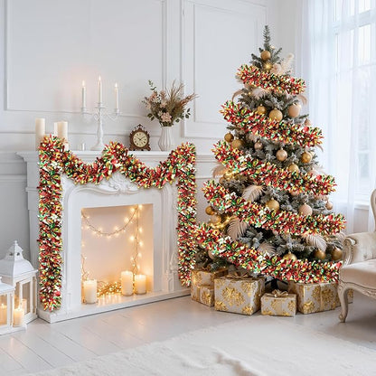 50FT Christmas Tinsel Garland, Red Green&Gold Metallic Twist Shiny Hanging Garland Ornaments for Christmas Tree, Party Supplies Thick Metallic Xmas Streamers