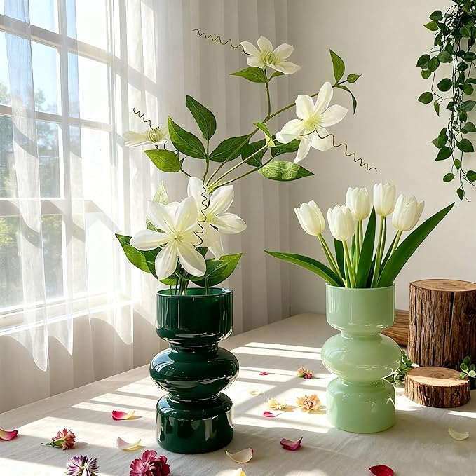 JSPYFITS Glass Hydroponic Flower Vase, 7 Inches Colored Glass Bubble Vase for Flower, Three-Layer Glassvase Funky Vase for Home/Office/Weddings/Party Table Flower Decor (Dark Green)