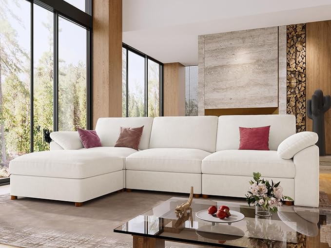 EASE MOOSE Oversized Modular Sectional Sofa with Ottoman, Modern Comfort Deep Seat L Shape Sectional Couch for Living Room, White
