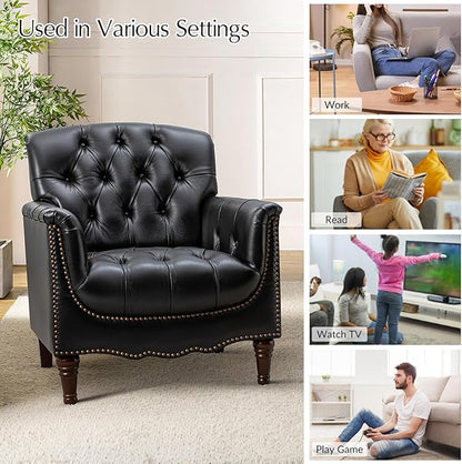 HULALA HOME Mid Century Modern Leather Club Chairs, Top-Grain Genuine Leather Armchairs with Button-Tufted Back & Solid Wood Legs, Accent Chairs for Living Room/Bedroom/Home Office, Black