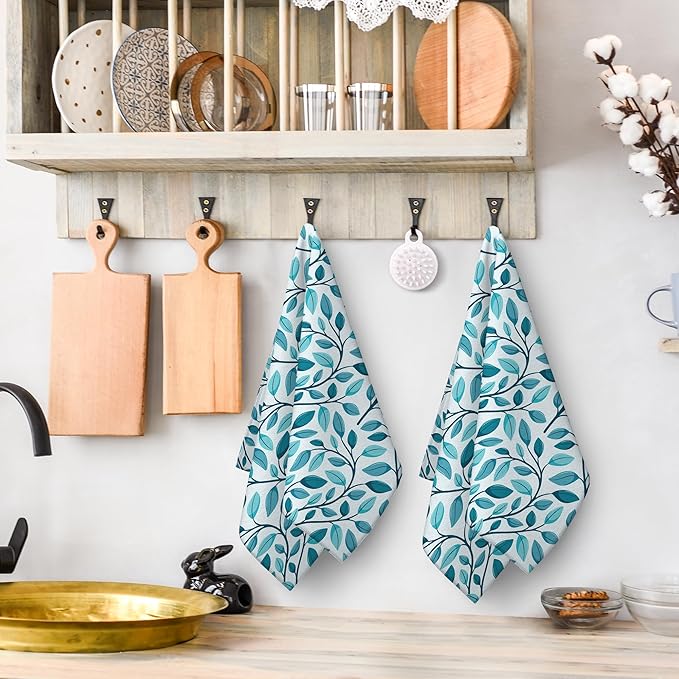 Green Leaves Kitchen Dish Towels Set of 2 Decorative Absorbent Tea Towels 15.7x27.5 Botanic Pattern