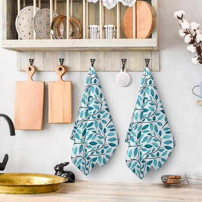 Green Leaves Kitchen Dish Towels Set of 2 Decorative Absorbent Tea Towels 15.7x27.5 Botanic Pattern