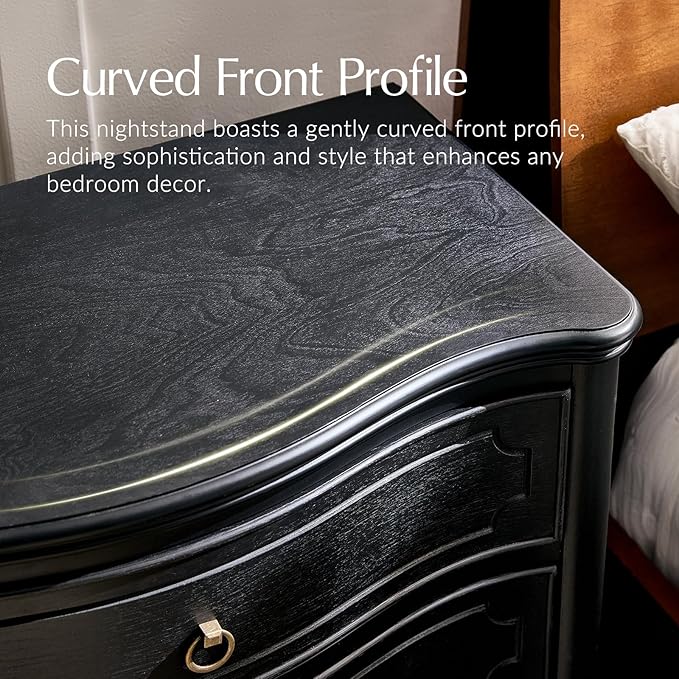 HULALA HOME Wood Nightstand with Charging Station, 3 Drawer Traditional Nightstands, End Table with Solid Wood Legs for Bedroom, USB Ports & Three-Prong Plugs, Black