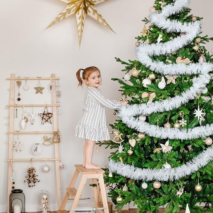 WILLBOND 50 ft Christmas Tinsel Garland Metallic Tinsel Twist Garland Christmas Tree Decorations New Year Wedding Birthday Hanging Decorations Party Supplies, 3 Inch(White)