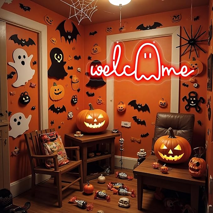 Welcome Ghouls Neon Sign, Spooky Ghost LED Halloween Decor, Haunted House Entryway Light, Available Gothic Haunted Mansion Light for Bedroom Bar Cave Room Decor Party Home-Red
