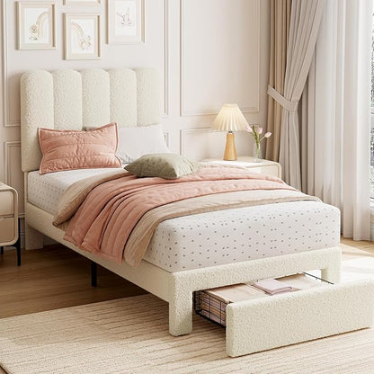 GarveeHome 2 Sets Twin Bed Frame with Under-Bed Drawer, Upholstered Platform Bed with Wave Headboard for Kids/Girls, Wooden Slats Support, No Box Spring Needed, Boucle Beige