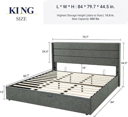 Allewie King Size Lift Up Storage Bed, Modern Wingback Headboard, Hydraulic Support, No Box Spring Needed, Dark Grey
