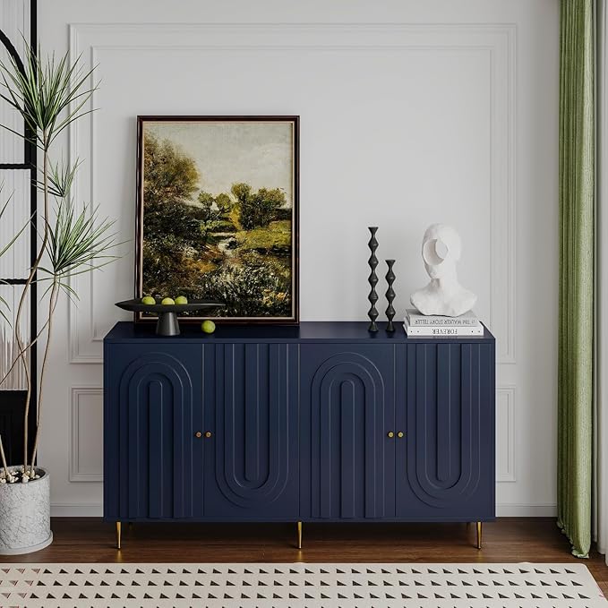 Modern Sideboard Buffet 60" Accent Cabinet, Navy Blue Wood Credenzas Entryway Table with Storage for Living Room Home Bar, 4 Doors & Adjustable Shelves
