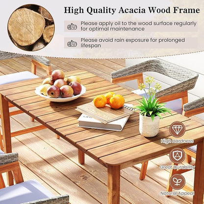 Tangkula Rectangular Outdoor Dining Table, 4-6 People Large Acacia Wood Patio Table with Slatted Tabletop, Indoor Outdoor Farmhouse Bistro Table for Yard, Garden, Poolside, Deck