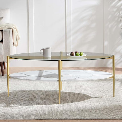 Oval Glass Coffee Table, Mid-Century Modern Design, L43 x W22 x H17 inch, Surfboard Shaped Clear Glass Top and White Marble Finish Wood Shelf, Tapered Legs with Gold Finish Frame