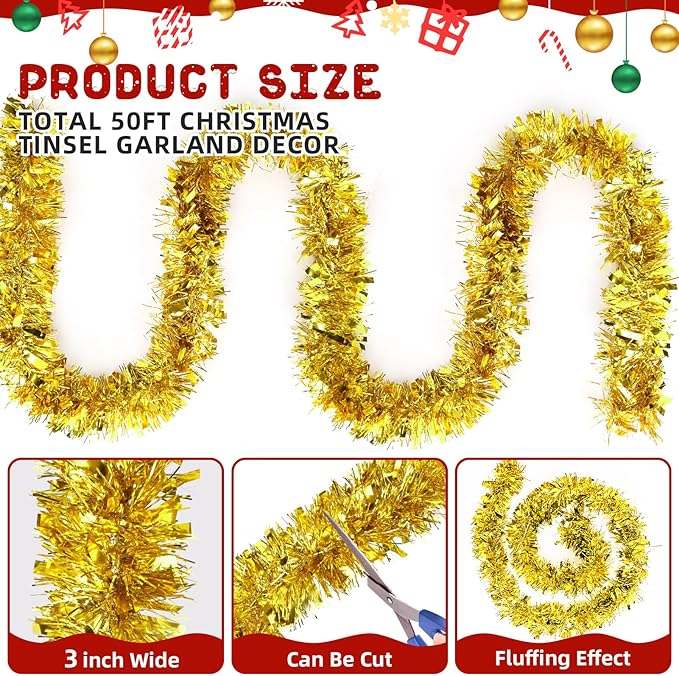 50FT Gold Christmas Tinsel Garland, Metallic Twist Shiny Hanging Garland Ornaments for Xmas Tree Party Supplies Thick Thin Metallic Streamers for Indoor Outdoor Decor