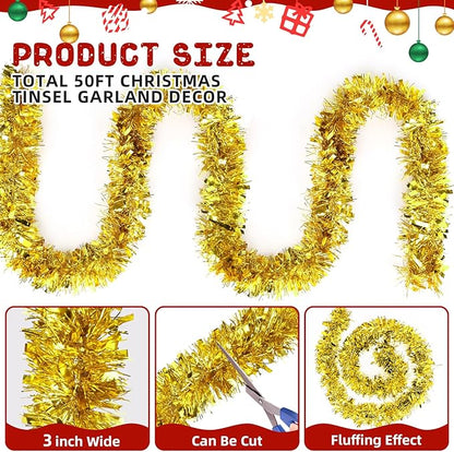 50FT Gold Christmas Tinsel Garland, Metallic Twist Shiny Hanging Garland Ornaments for Xmas Tree Party Supplies Thick Thin Metallic Streamers for Indoor Outdoor Decor