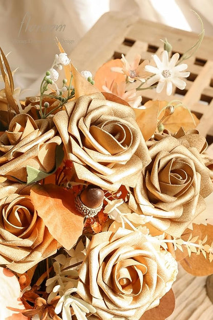 Floroom Artificial Flowers 25pcs Real Looking Antique Gold Foam Fake Roses with Stems for DIY Wedding Bouquets Bridal Shower Centerpieces Floral Arrangements Party Tables Home Decorations
