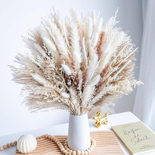96PCS Natural Dried Pampas Grass Boho Home Decor Bouquet Phragmites Dried Flowers Bouquet for Wedding Floral Arrangements Home Decorations (96PCS)