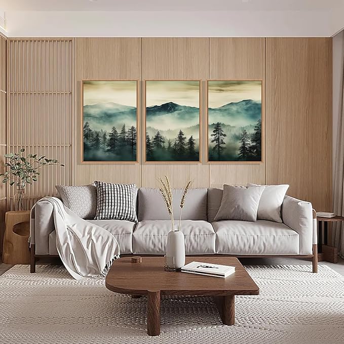 HOURIA Large Boho Mountain Forest Framed Canvas Wall Art Set,Nature Foggy Woodland Wall Decor,Modern Pine Tree Artwork,Watercolor Botanical Art Print for Living Room,Bedroom,Farmhouse- 24"x36"x3