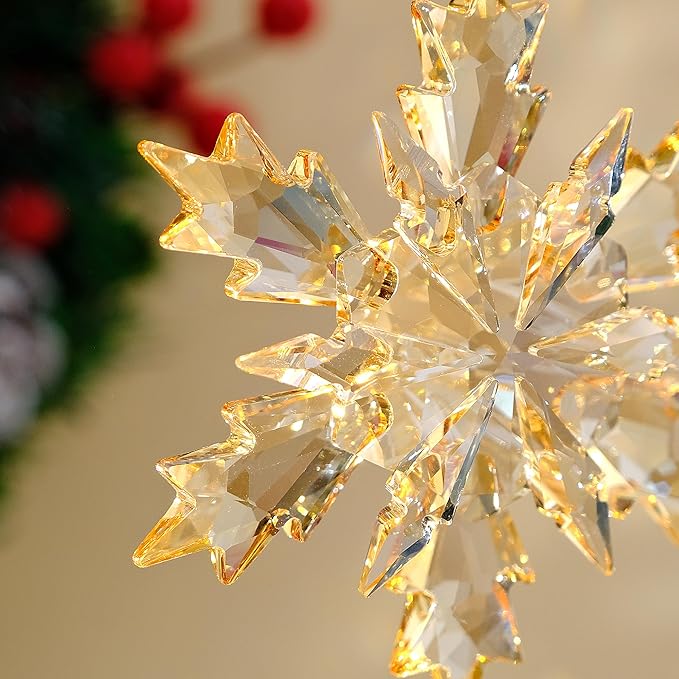 2025 Annual Christmas Ornaments Crystal Snowflake Star, Clear Champagne Faceted Crystal with Tone Metal Accents and Rayon Ribbon-New Year Christmas Tree Ornament Large Crystals Home Hanging Decor