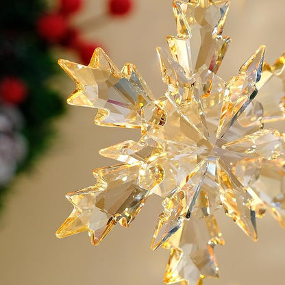 2025 Annual Christmas Ornaments Crystal Snowflake Star, Clear Champagne Faceted Crystal with Tone Metal Accents and Rayon Ribbon-New Year Christmas Tree Ornament Large Crystals Home Hanging Decor