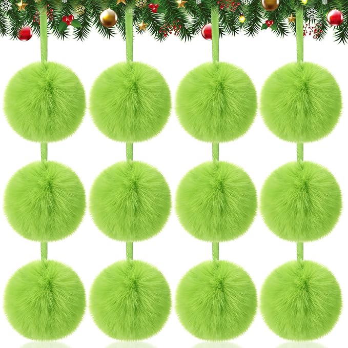 24 Pcs Green Furry Christmas Ball Ornaments for Tree 3.94 Inches Large Pom Pom Ball Christmas Hanging Decoration for Party Supplies Fireplace Mantel Wall Decor