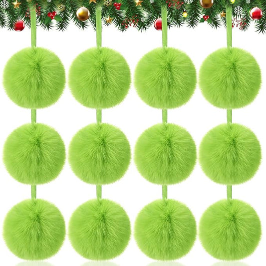 24 Pcs Green Furry Christmas Ball Ornaments for Tree 3.94 Inches Large Pom Pom Ball Christmas Hanging Decoration for Party Supplies Fireplace Mantel Wall Decor