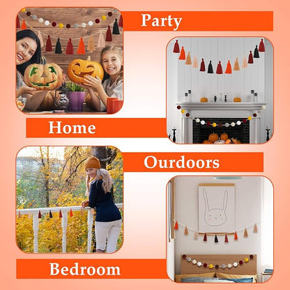 Syhood 4 Pcs Thanksgiving Christmas Pom Pom Tassel Garland Fall Felt Ball Banner Decorative Colorful Pompom Garland for Thanksgiving Autumn Xmas Theme Party Classroom Home Decor(Classic Colors)