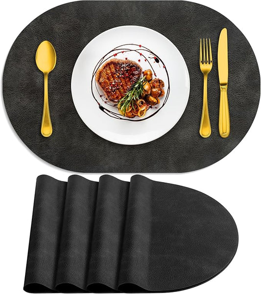 ADRIMER Placemats, Heat Resistant Oval Placemats Set of 4 Washable 12 x 17 Inch, Waterproof Table Mats, Wipeable Pu Place Mats for Kitchen, Dark Grey