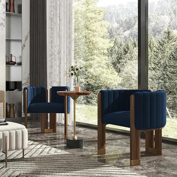 Velvet Fluted Accent Chair for Living Room with Wood Frame, High Resilience Foam, Elegant Modern Armchair (Blue)