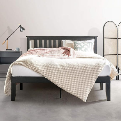 Mellow Marley 14 Inch Solid Wood Platform Bed with Paneled Headboard, Ebony Black, Queen