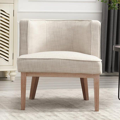 Comfy Barrel Chair Mid Century Modern Accent Chair with Solid Wood Leg Upholstered Reading Arm Chair Linen Fabric Waiting Room Round Side Chairs for Small Spaces Living Room Bedroom Office, Beige