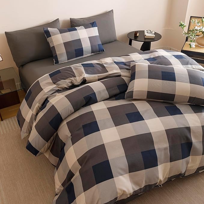 CLOTHKNOW Blue Plaid King Size Comforter Set Gingham Buffalo Bedding Comforter Sets Geometric Comforter King Sets with 2 x Pillow Cases