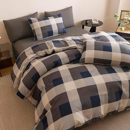 CLOTHKNOW Blue Plaid King Size Comforter Set Gingham Buffalo Bedding Comforter Sets Geometric Comforter King Sets with 2 x Pillow Cases