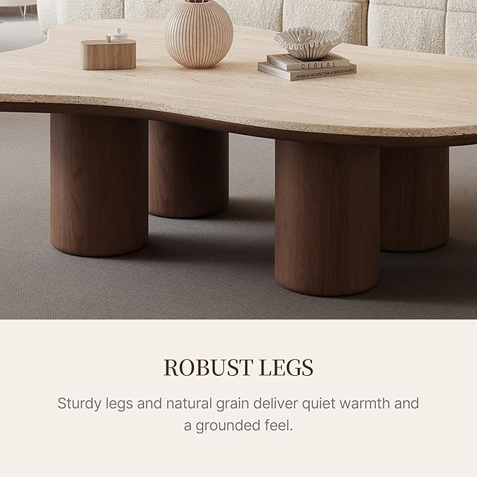 48.42" Cloud Coffee Table for Living Room, Mid-Century Modern Coffee Table with Wood Legs, Unique Travertine Stone Top Living Room Table Large Tea Table for Home Office
