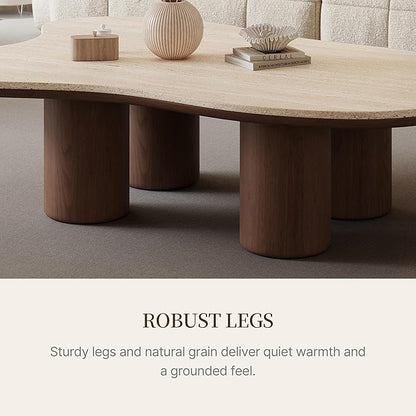48.42" Cloud Coffee Table for Living Room, Mid-Century Modern Coffee Table with Wood Legs, Unique Travertine Stone Top Living Room Table Large Tea Table for Home Office