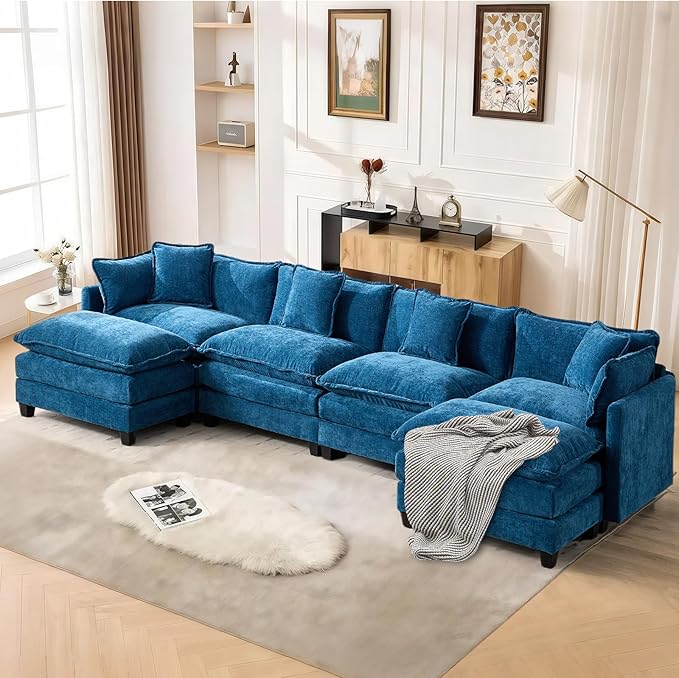 SoarFlash 143.2" Chenille Sectional Sofa, Comfy U Shaped Modular Coush Sofa with Ottoman, Modern 4 Seat Couch Deep Seat Sofa Set for Living Room,Blue