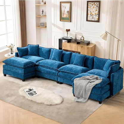 SoarFlash 143.2" Chenille Sectional Sofa, Comfy U Shaped Modular Coush Sofa with Ottoman, Modern 4 Seat Couch Deep Seat Sofa Set for Living Room,Blue