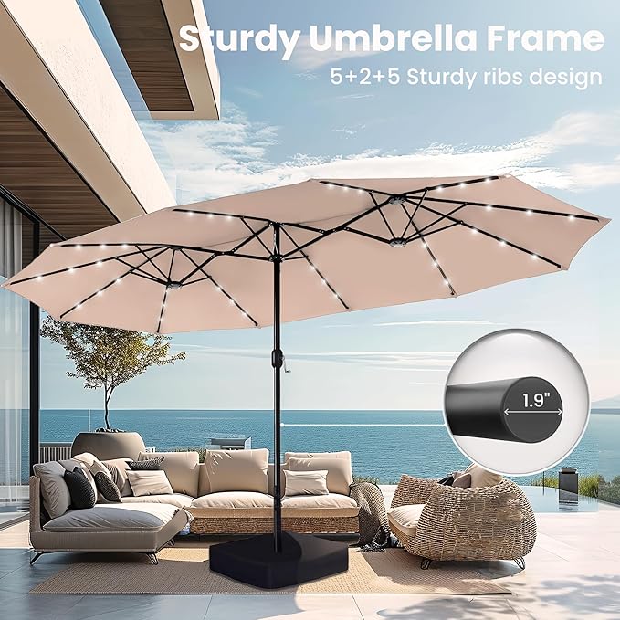 PHI VILLA 15ft Large Patio Umbrella with Base & Solar Lights, Double-Sided Outdoor Rectangle Umbrellas with 36 LED Lights, Umbrella for Outside with Stand, Beige
