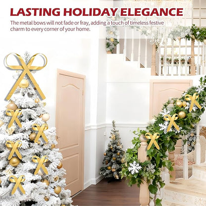 6 Pcs Large Christmas Metal Bow Tree Topper Ornaments with Clip, Bows-Gold Christmas Bow Decoration for Wreath, Garland, Indoor Outdoor,1 Large 5 Small Gold Bows (9.6x11.4 & 4.2x4.5 in)