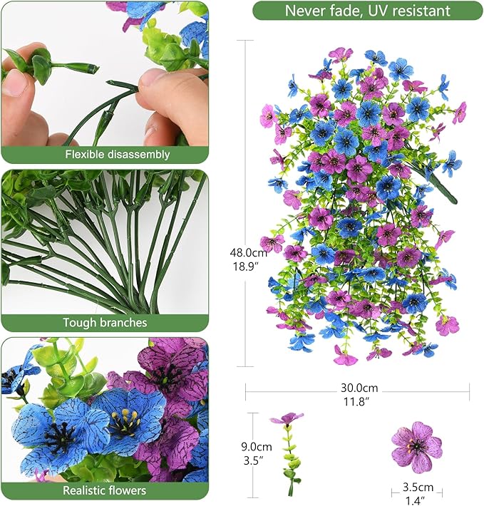 INQCMY 2Pcs Artificial Flowers for Outdoors UV Resistant Artificial Plants Easy Assembly for Spring Decor Look Real Faux Hanging Flowers for Outside Home Planter Porch Patio Decoror