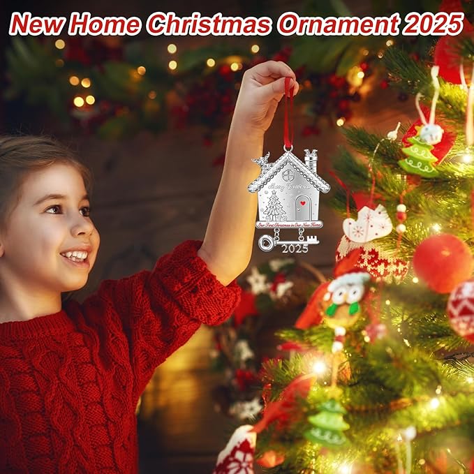 New Home Christmas Ornament 2025, Our First Christmas in New Home House Ornament with 2025 Key Design, Housewarming Gift for New Homeowners, Metal Xmas Tree Decoration Keepsake