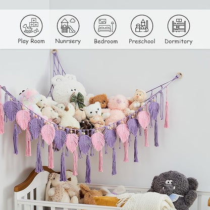 Pretty Jolly Stuffed Animal Storage with Hand Woven Leaf Tassels Hammock Corner Hanging Net Boho Macrame Plush Storage for Kid Room Nursery Decor Wall Display Organizer for Girls Boy Gift(Purple)