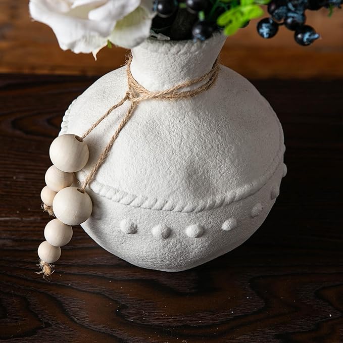 Rustic Ceramic Vase with Boho Wooden Beads, Matte Decorative Pottery for Modern Farmhouse and Bohemian Decor, Floral Arrangements, Living Room, Table Centerpieces