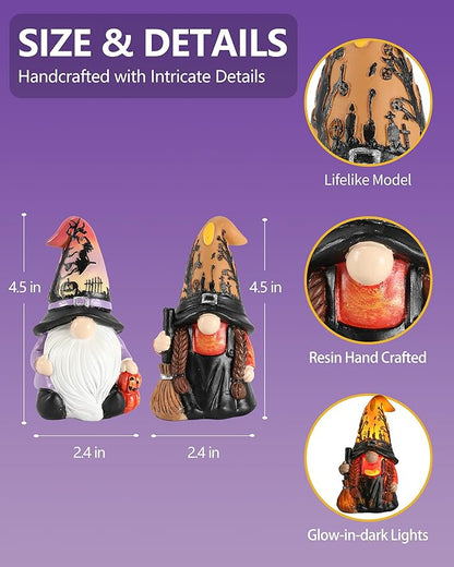 Halloween Gnomes and Witch Figurines - 2Pack Lights Up Fall Gnome - 4.5'' Resin Indoor Halloween Decor for Women (Gnomes)